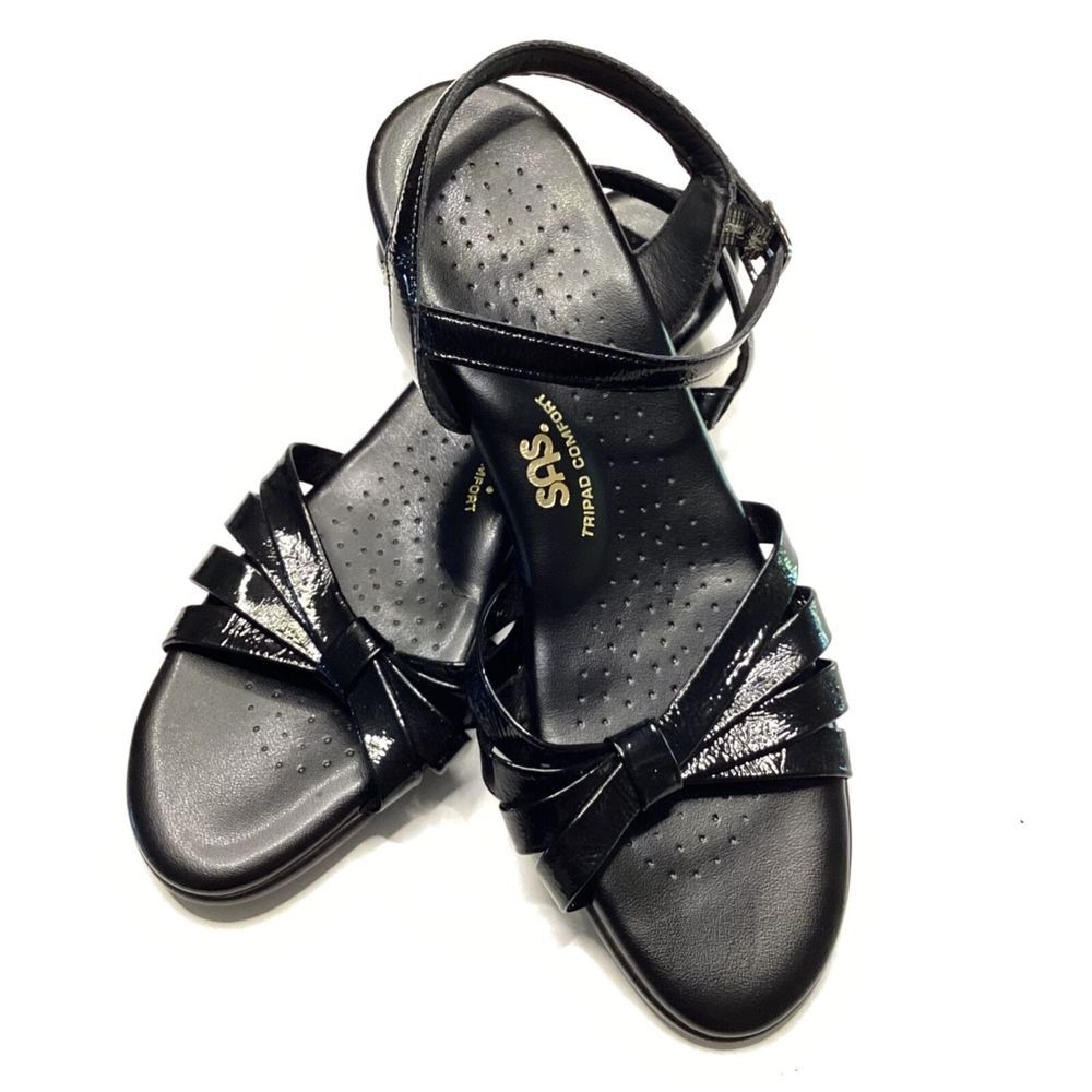SAS Tripad Comfort Sandals Women's Black Patent Leather Strappy Wedge 9.5N USA‎